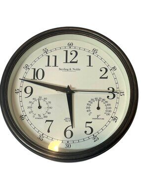 Sterling & Noble Wall Clock With Temp & Humidity Gauges Black Frame Analog 12 In